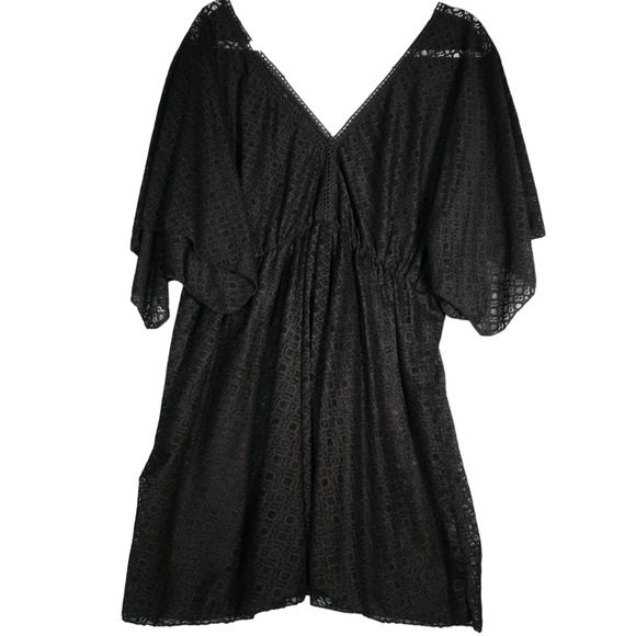 Black Swim Cover Up Womens 3XL Dolman Sleeve Elastic Waist Strech V Front Back - Picture 7 of 10